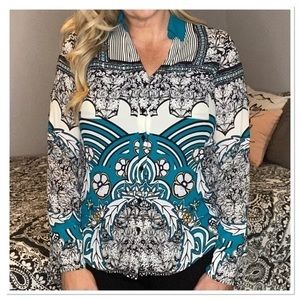Express Sz Small Portofino Shirt Blouse Floral + Stripes Turquoise Like New